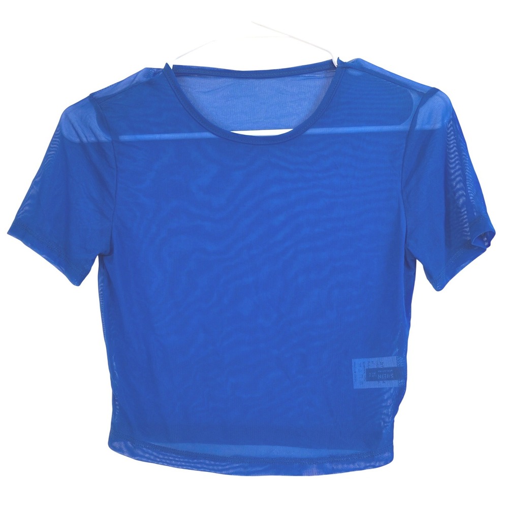 Royal Blue Sheer‎ Mesh Crop Top Short Sleeve Crew Neck Tee